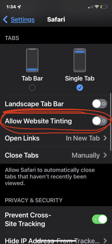 Disable Safari tinting color effect on iPhone and iPad