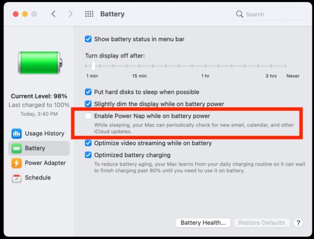 Disable Power Nap on battery