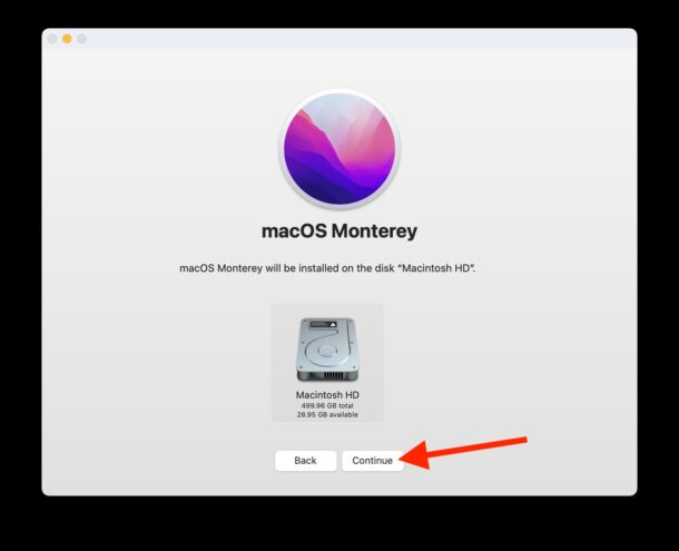 Select the destination hard drive for macOS Monterey