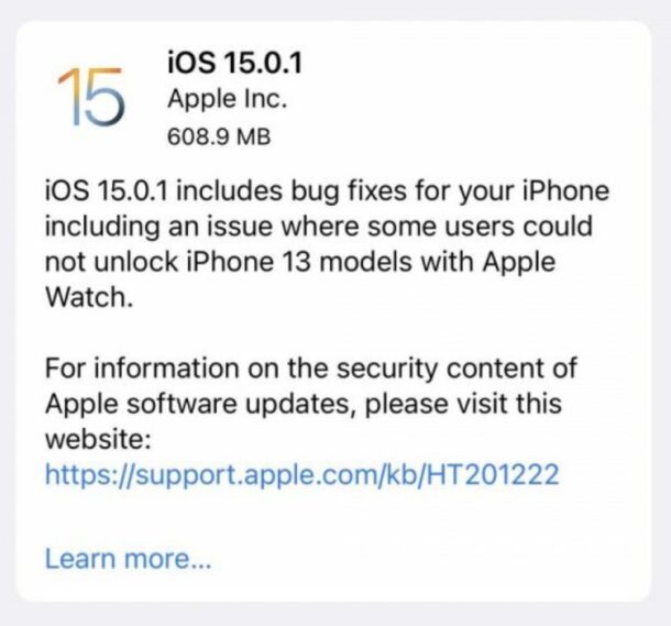 iOS 15.0.1 update