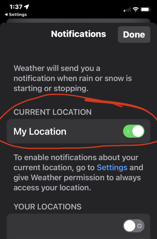 Enable Rain and Snow notifications for Current Location