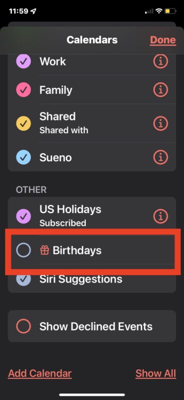 Hide all birthdays from Calendar on iPhone and iPad