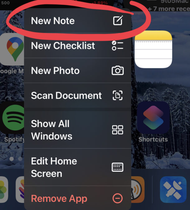 New Note from the home screen of iPhone or iPad