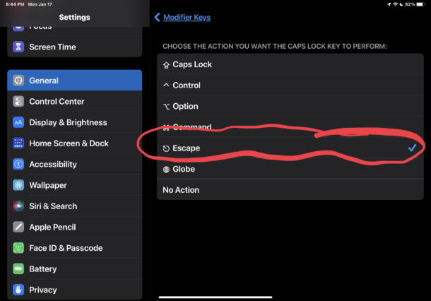 Choose to remap the CAPS LOCK key to Escape key on iPad keyboard