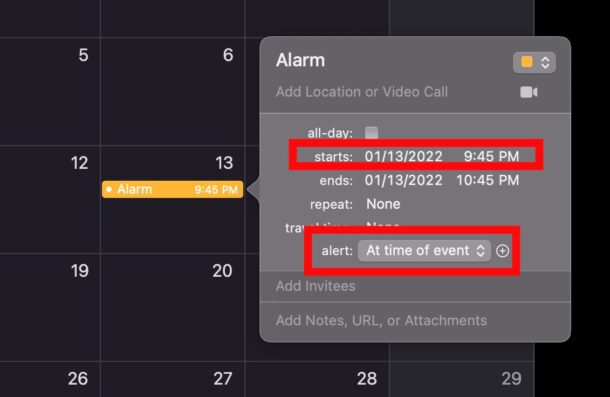 Set an alarm via Calendar on Mac