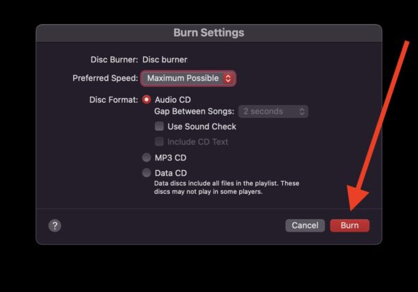 Burn a CD settings on Mac