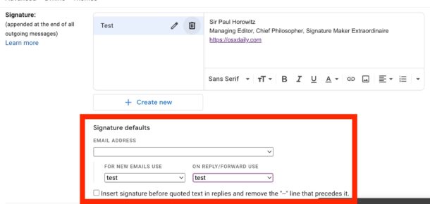 Create new email signature in Gmail