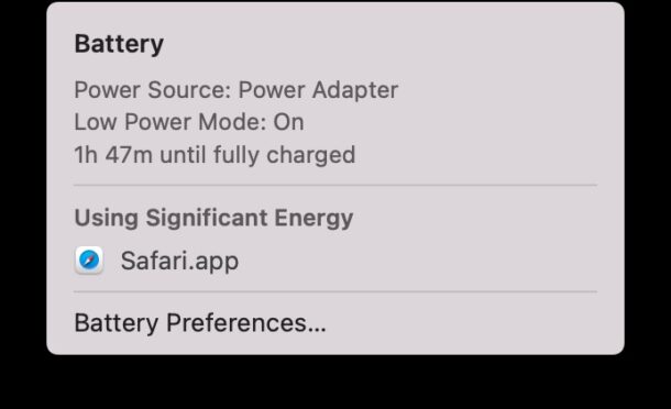 Low Power Mode indicator in battery menu on Mac Laptop 