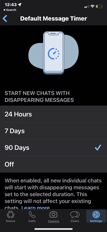 Choose time for disappearing messages in WhatsApp