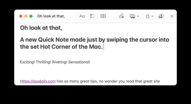Quick Note made from Hot Corner on Mac