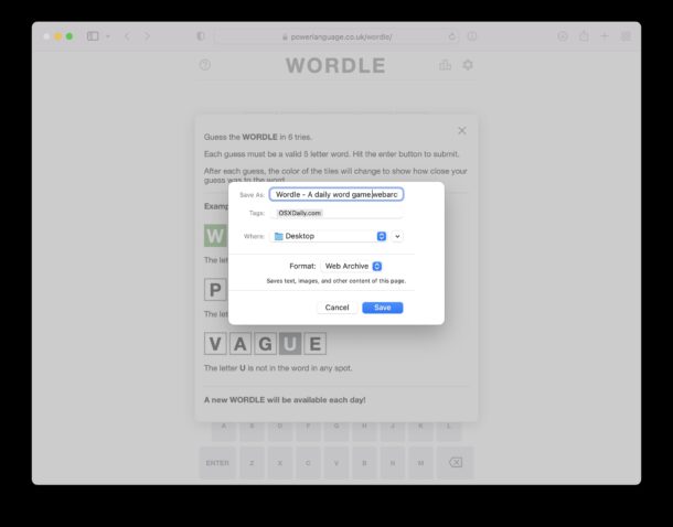 Save WORDLE as a web page archive on Mac with Safari