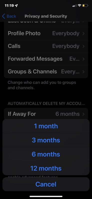 Set Telegram to delete account automatically 