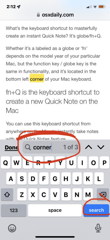Using the Control F equivalent to find matched text on page on iPhone