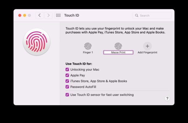 重命名 Touch ID 中的指纹