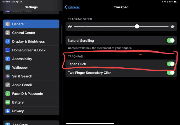How to enable Tap to Click on iPad trackpad