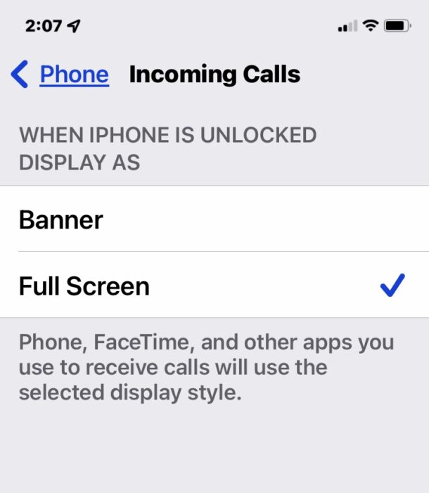 Set incoming calls on iPhone to full screen