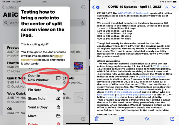Open a Center Note on iPad Split Screen View