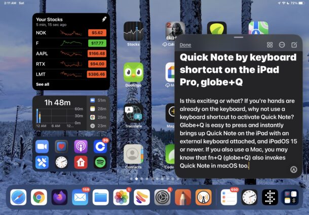 Make a Quick Note on iPad by keyboard shortcut