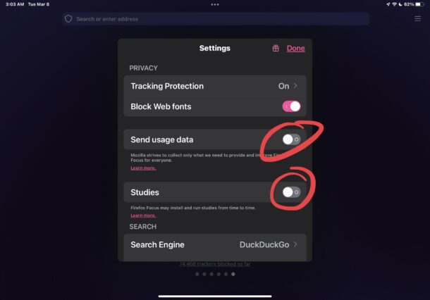 Firefox Focus privacy settings
