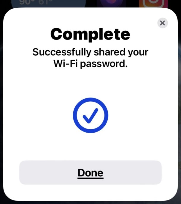 Sharing of a wi-fi password complete to Mac