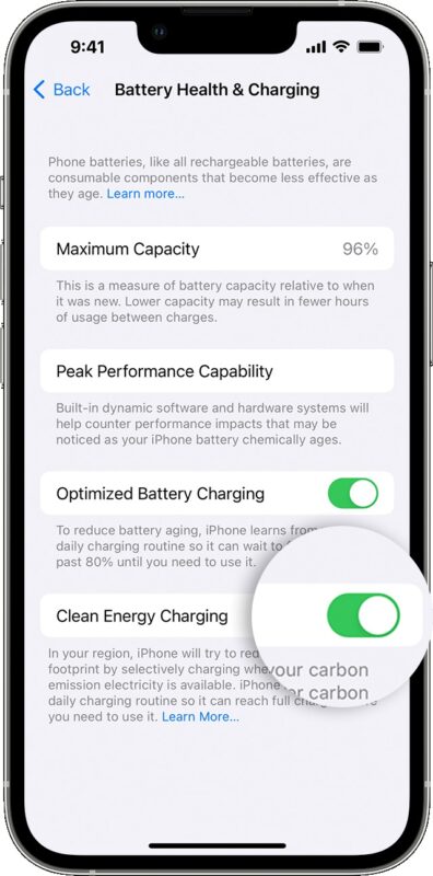 iPhone Clean Energy Charging setting