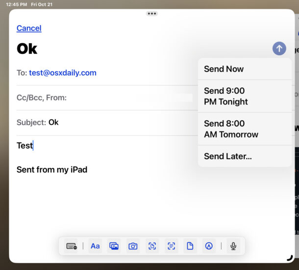 Schedule sending emails from iPad Mail app