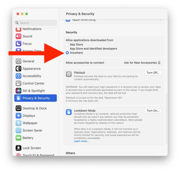 Allow apps downloaded from anywhere MacOS Ventura and newer
