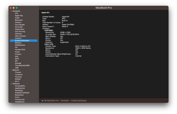System Information on MacOS shows a system report
