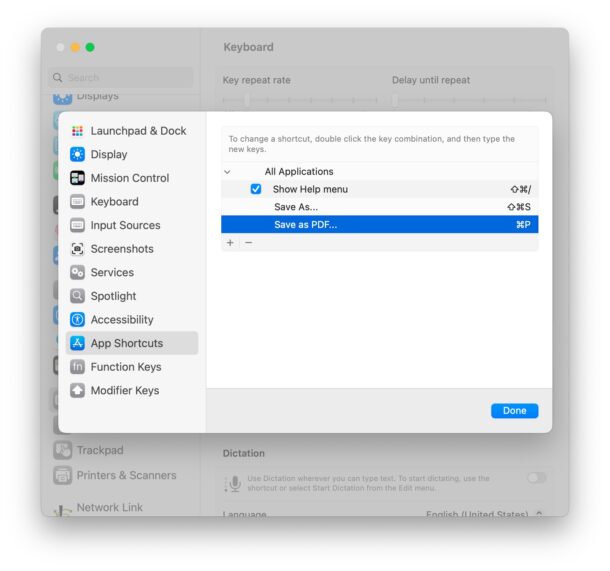 Save as PDF keyboard shortcut on MacOS Ventura