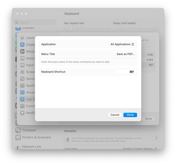 Create a Save as PDF keyboard shortcut on MacOS Ventura