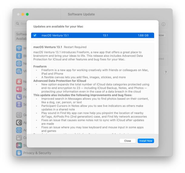 MacOS Ventura 13.1 update