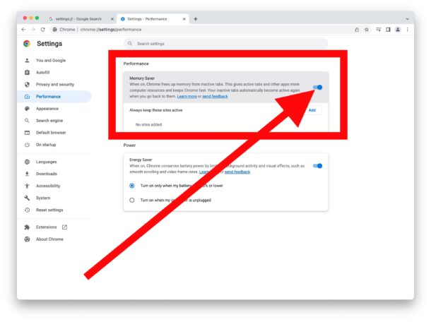 Enabling Chrome Memory Saver 