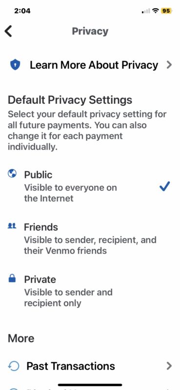 Change Venmo privacy settings to hide transaction history of payments