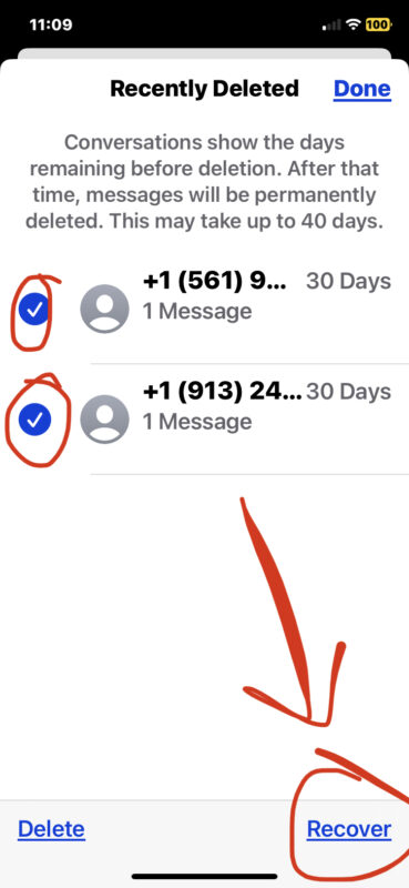 Select which deleted messages you want to recover on iPhone or iPad