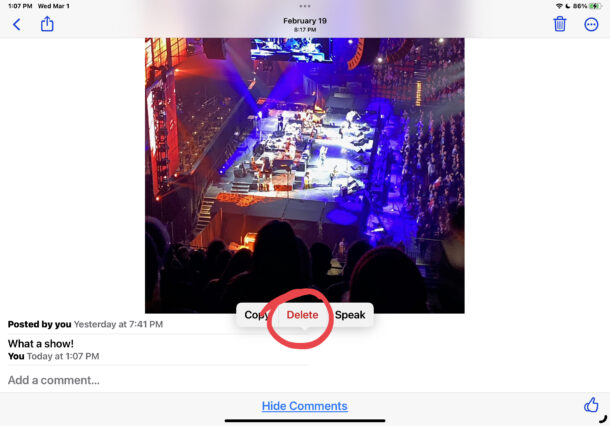 Delete comments from shared iCloud photo streams on iPhone or iPad