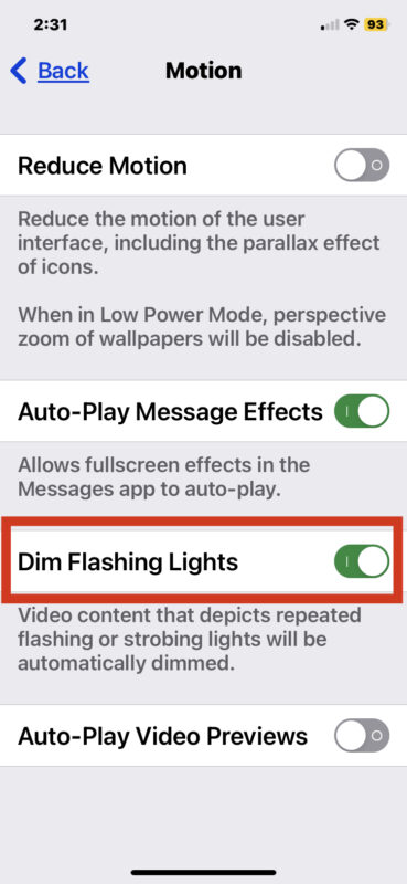 Automatically dim flashing lights and strobing lights in videos on iPhone and iPad