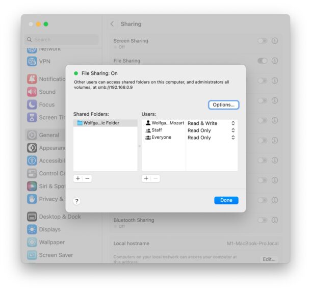 Impostazioni di condivisione file MacOS