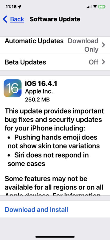 iOS 16.4.1 update showing as available to download on an iPhone