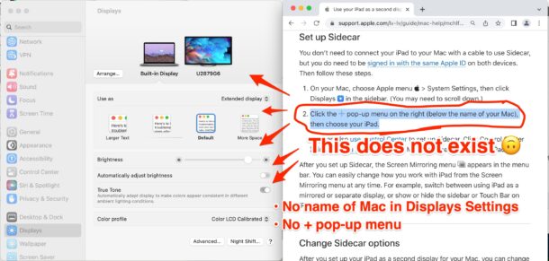 Display Sidecar Settings in MacOS Ventura incongruent with Apple Support document describing the feature