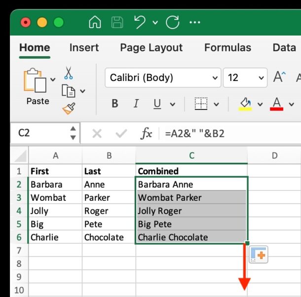 Drag the cell down to fill the entire column down with the same formula to combine them all