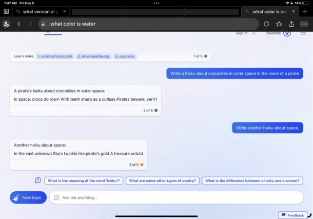 Using the Bing AI ChatGPT chat bot in Edge for iPhone and iPad