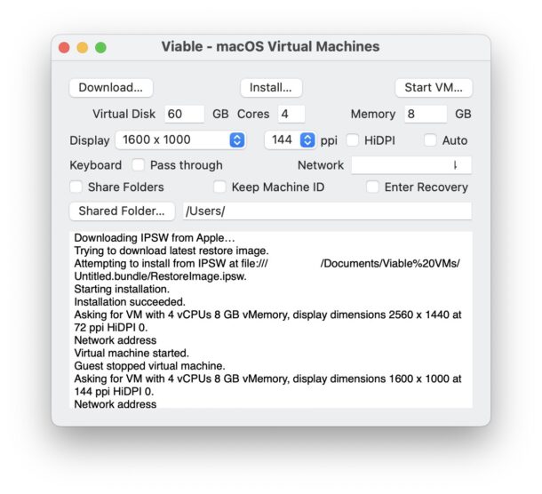 Exact settings used to run MacOS Ventura in a VM with Viable in this example