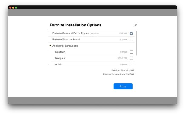 Huge Fortnite download and install size on Mac