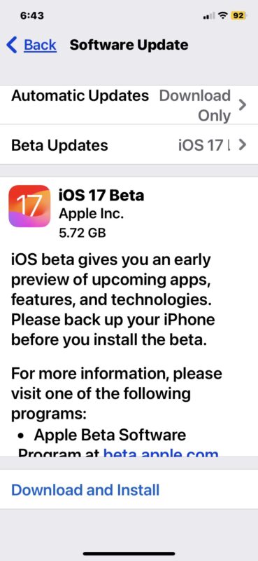 Installing updates for iOS 17 public beta