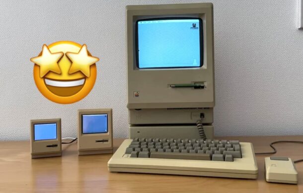 Tiny Macintosh projects next to an original Macintosh