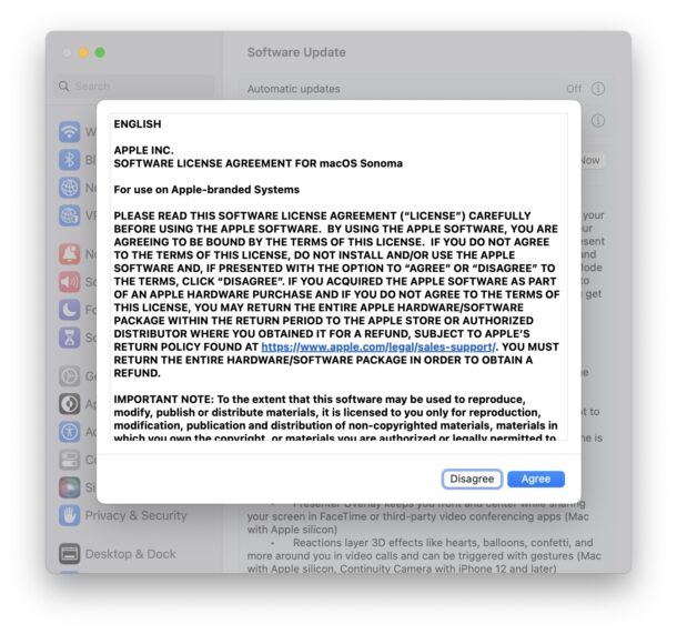 Agree to the terms of service for MacOS Sonoma