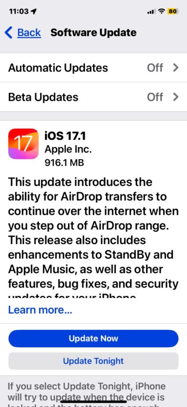 iOS 17.1 update