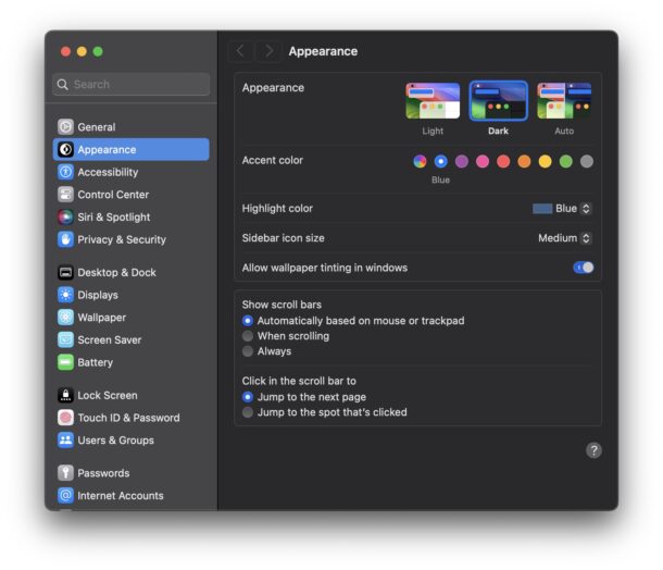 Dark Mode in MacOS System Settings