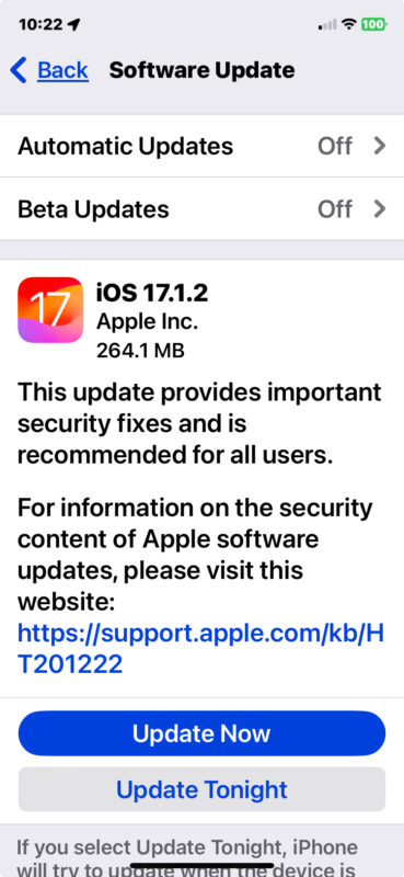 iOS 17.1.2 update for iPhone