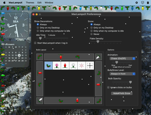 MacLampsX puts falling snow and Christmas lights on your desktop